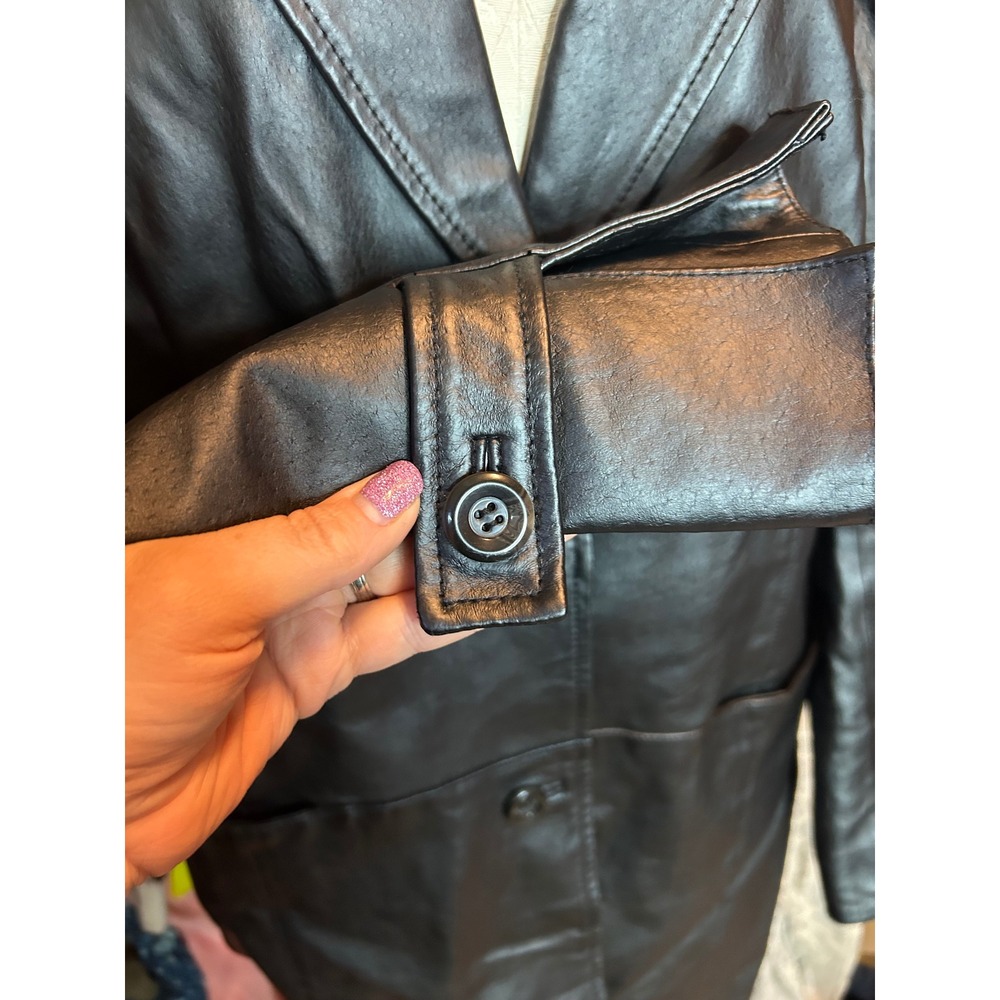 Chadwicks Womens Black Leather Trench Coat Jacket Size 12 Mid Length Buttons - Picture 4 of 8